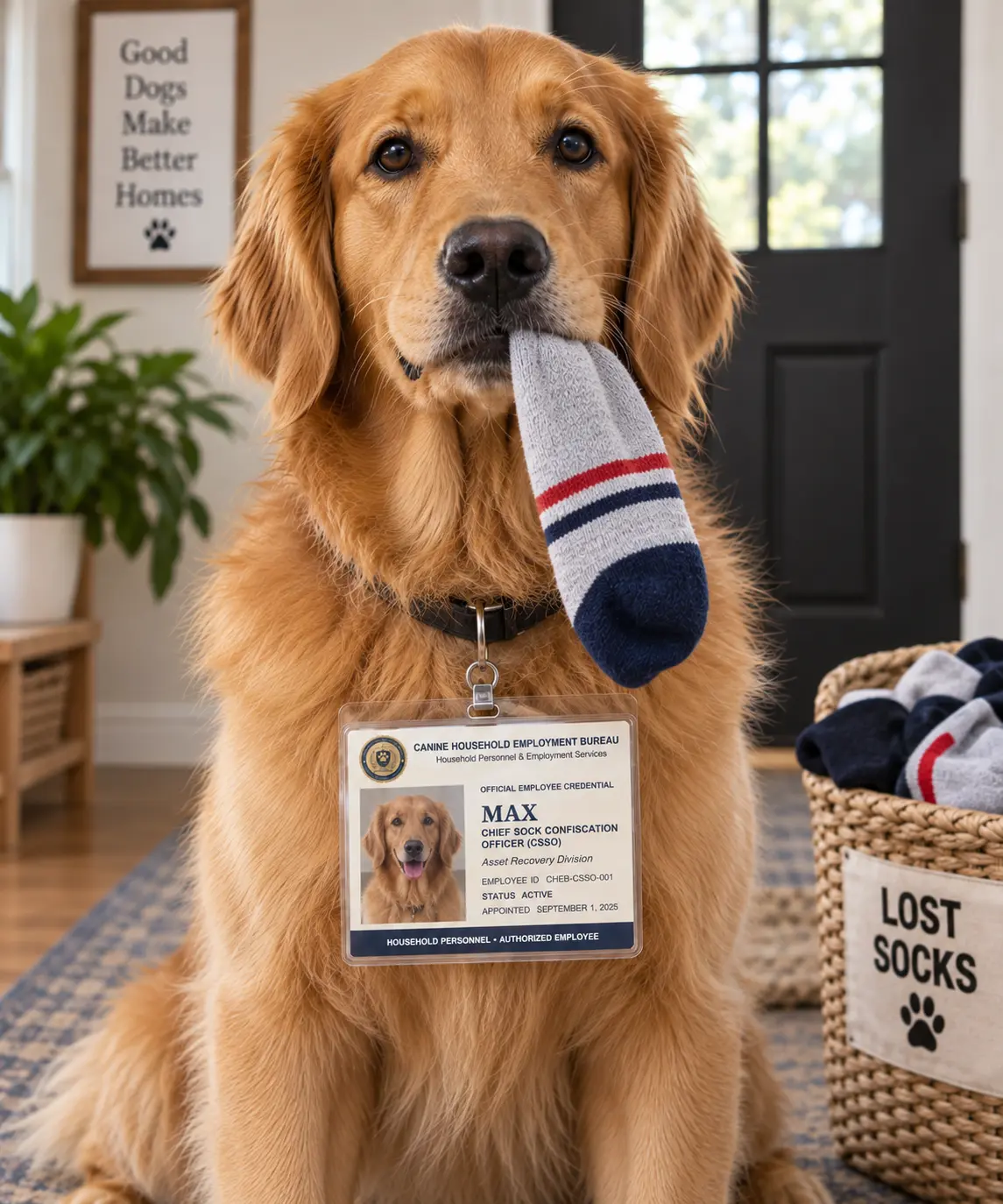 Golden retriever wearing a personalized Dog Mail Chief Sock Confiscation Officer badge and holding a sock