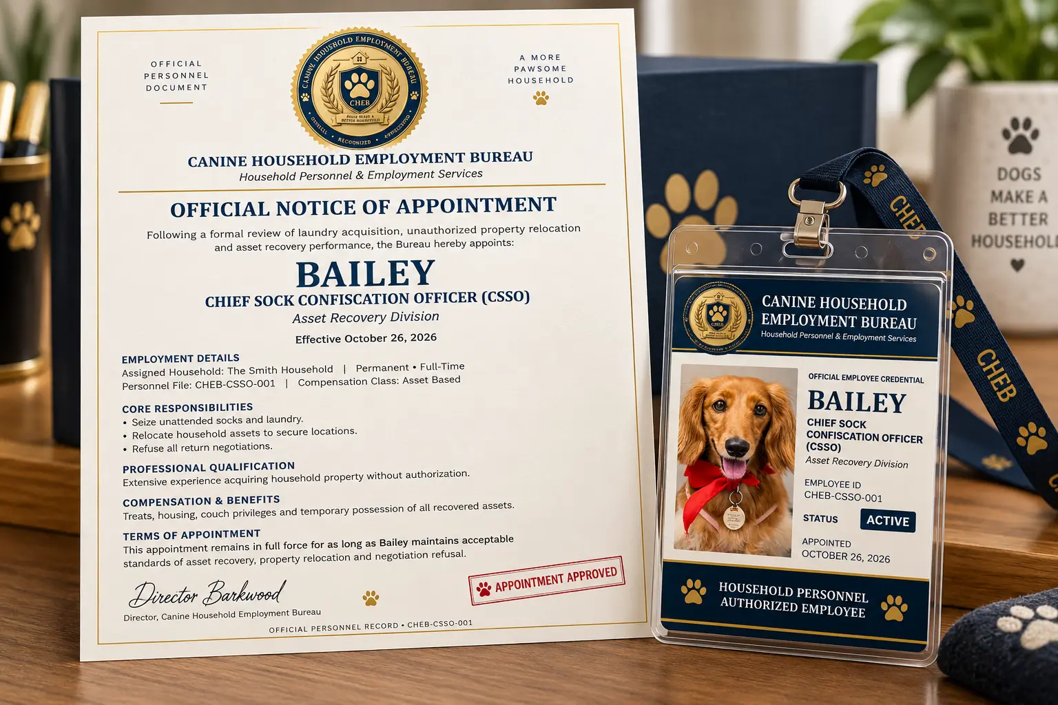 Personalized Dog Mail appointment letter with employee photo ID in protective sleeve