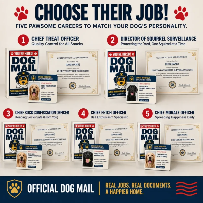 Dog Mail: You’re Hired – Choose Their Dog Job Choose from 5 funny dog jobs with Dog Mail You're Hired