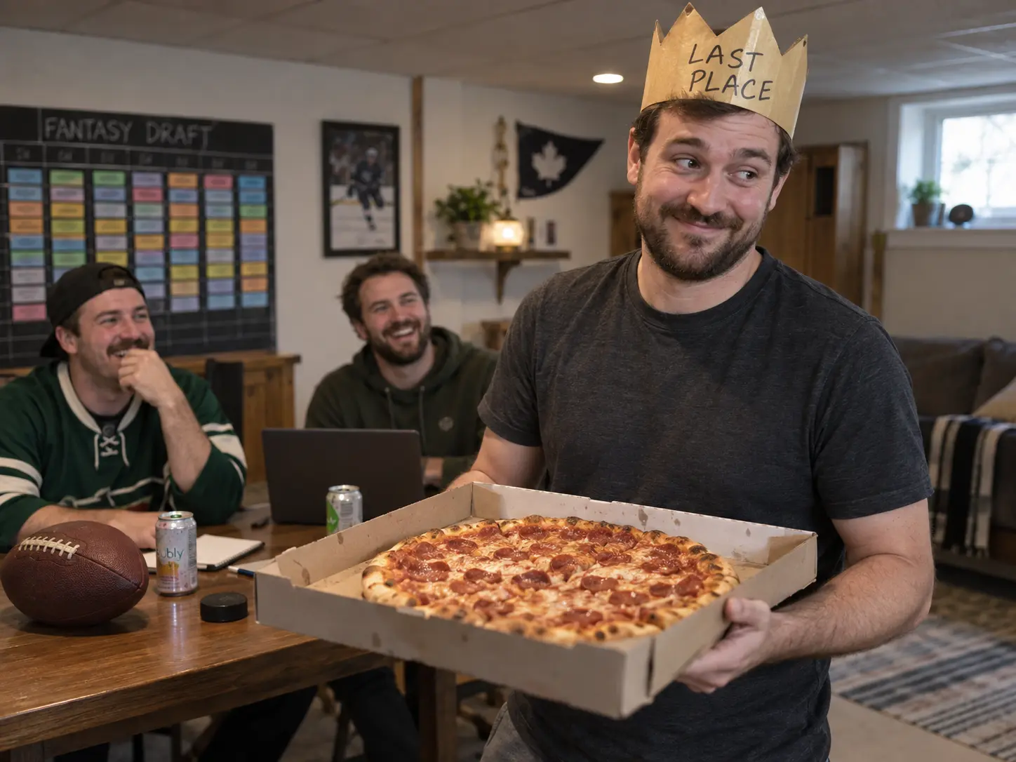 Last-place fantasy manager wearing a paper crown and serving pizza while his friends laugh at draft night.