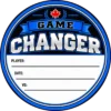 Game Changer Hockey Puck Topper Blue Game Changer hockey puck topper with a Canadian maple leaf and white player, date and opponent fields.