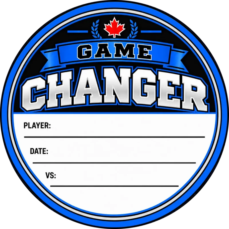 Game Changer Hockey Puck Topper Blue Game Changer hockey puck topper with a Canadian maple leaf and white player, date and opponent fields.
