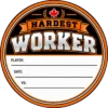 Hardest Worker Hockey Puck Topper Orange Hardest Worker hockey puck topper with a Canadian maple leaf and white player, date and opponent fields.