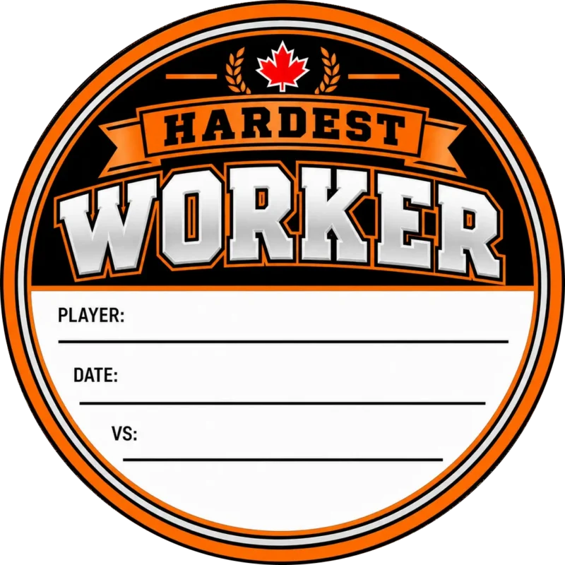 Hardest Worker Hockey Puck Topper Orange Hardest Worker hockey puck topper with a Canadian maple leaf and white player, date and opponent fields.