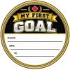 My First Goal Puck Topper Sticker My First Goal hockey puck sticker with write-on player date and opponent fields