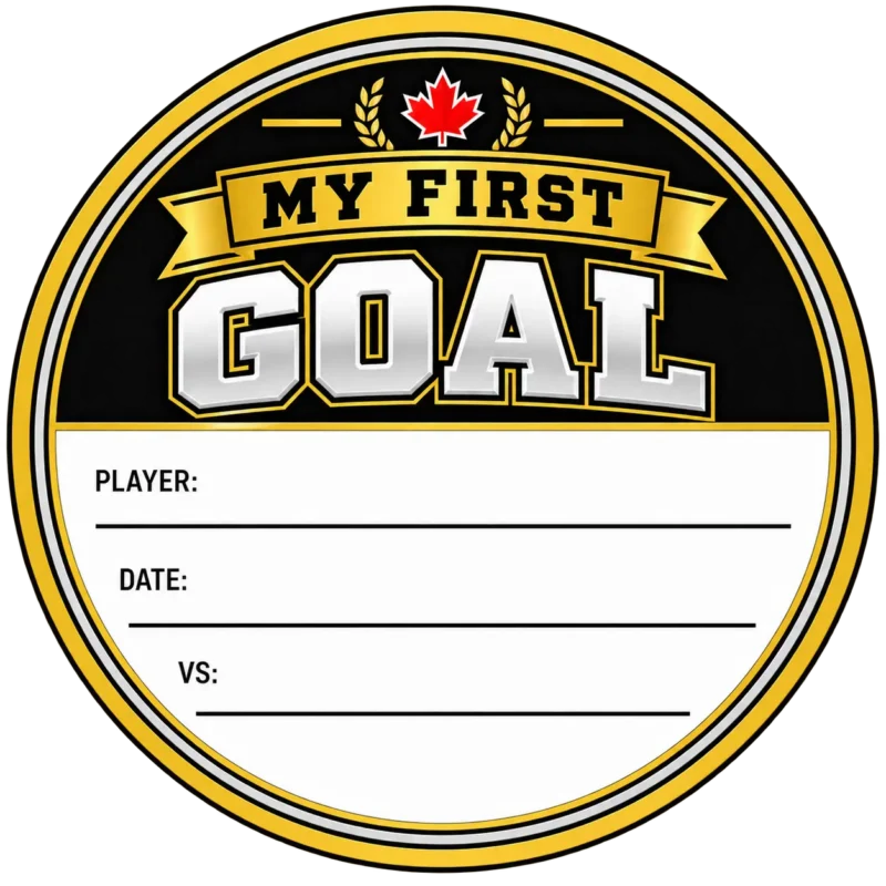 My First Goal Puck Topper Sticker My First Goal hockey puck sticker with write-on player date and opponent fields