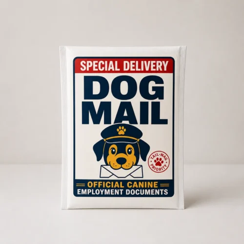 Personalized dog gift delivered in a Dog Mail bubble mailer with official canine employment documents