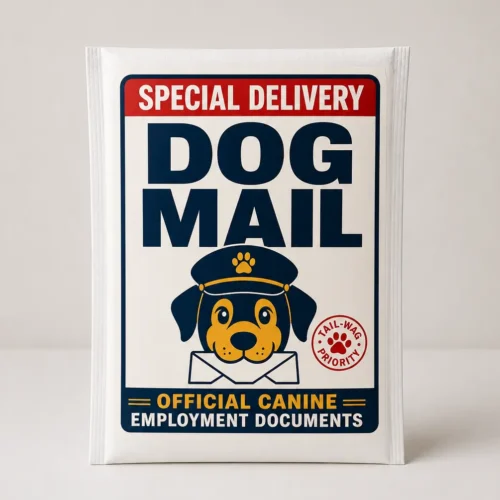Personalized dog gift delivered in a Dog Mail bubble mailer with official canine employment documents