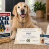 Personalized Dog Job Gift – Chief Fetch Officer Golden retriever with personalized Chief Fetch Officer certificate and Dog Mail employee badge