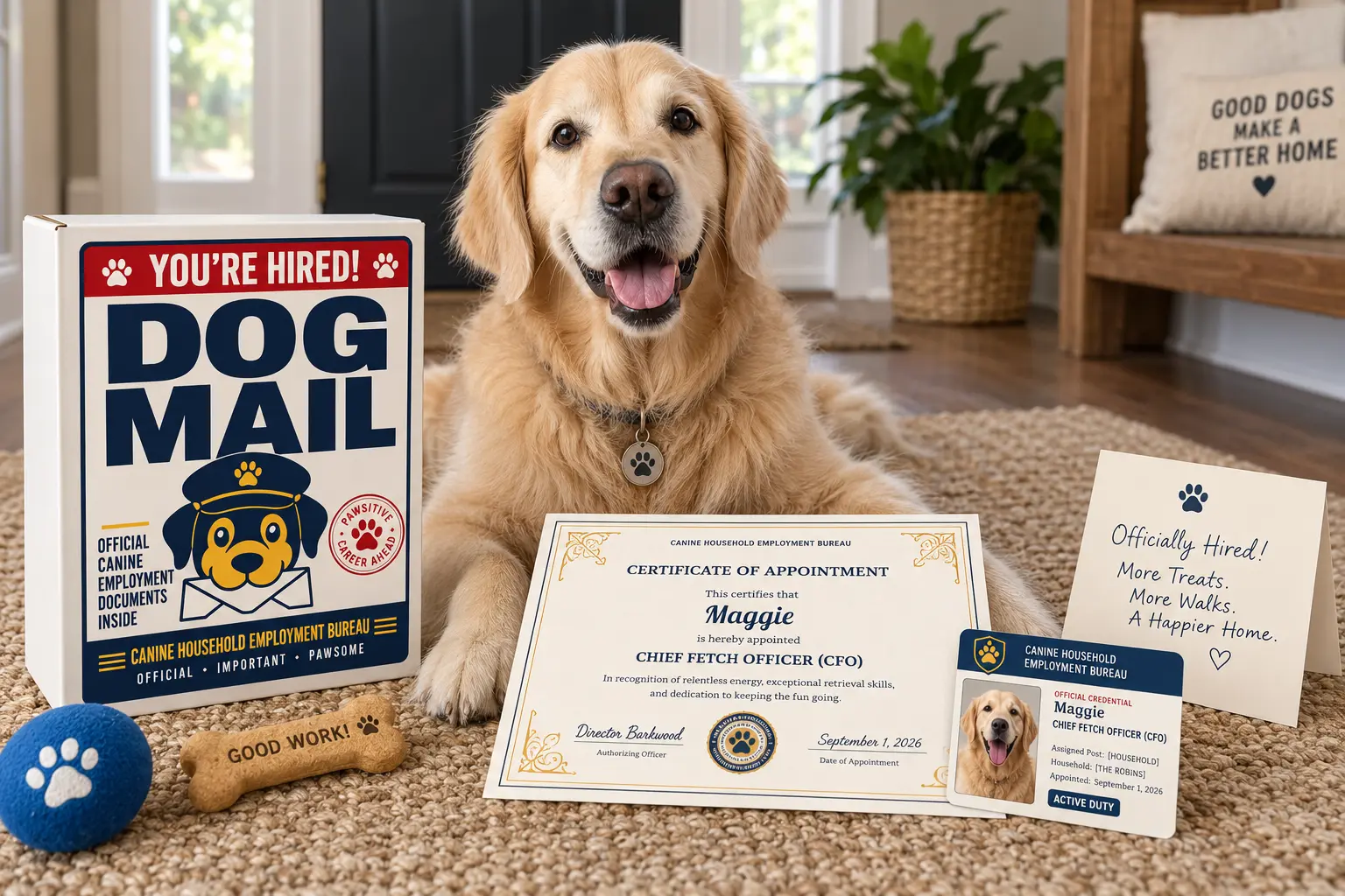 Golden retriever with personalized Chief Fetch Officer certificate and Dog Mail employee badge