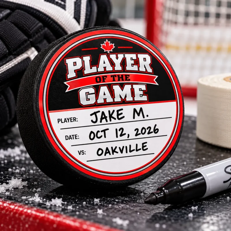 Player of the Game hockey puck award with player name date and opponent written in Sharpie