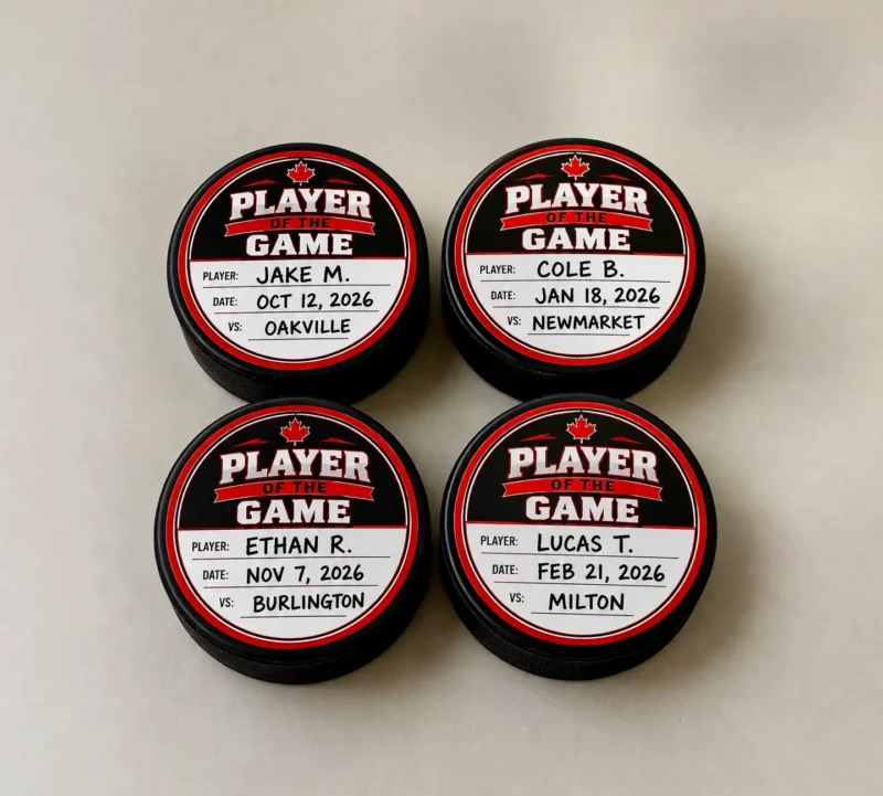 Four Player of the Game hockey puck awards with player names dates and opponents
