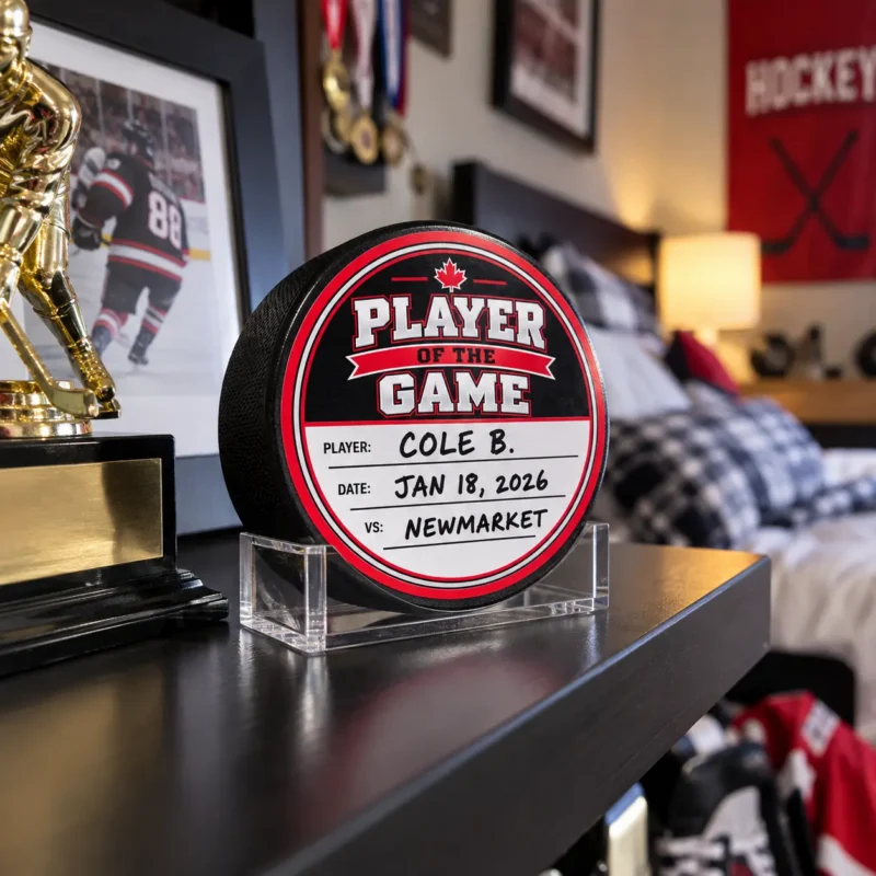 Player of the Game hockey puck award displayed in a young hockey player’s bedroom