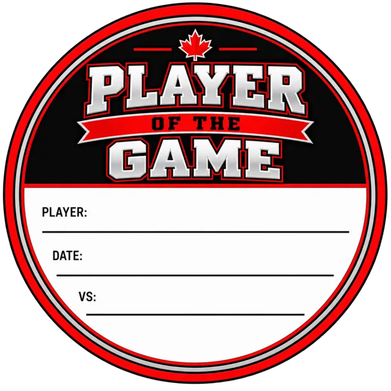 Player of the Game hockey puck sticker with write-on player date and opponent fields
