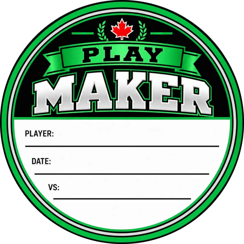 Playmaker Hockey Puck Topper Green Playmaker hockey puck topper with a Canadian maple leaf and white player, date and opponent fields.