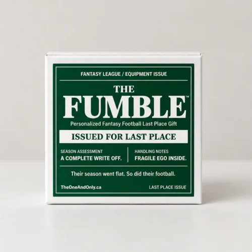 The Fumble personalized fantasy football last place gift with issued for last place and fragile ego inside design