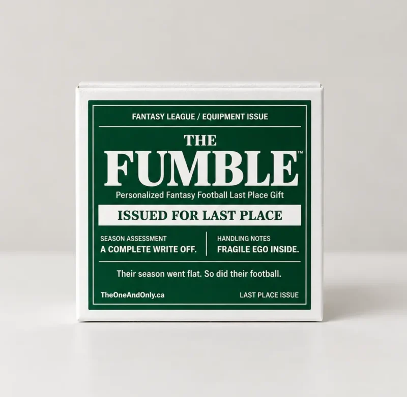 The Fumble personalized fantasy football last place gift with issued for last place and fragile ego inside design