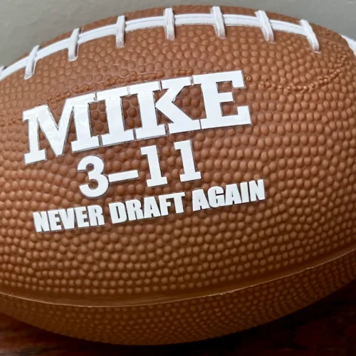 Personalized Fumble fantasy football with Mike, 3-11 record and Never Draft Again message