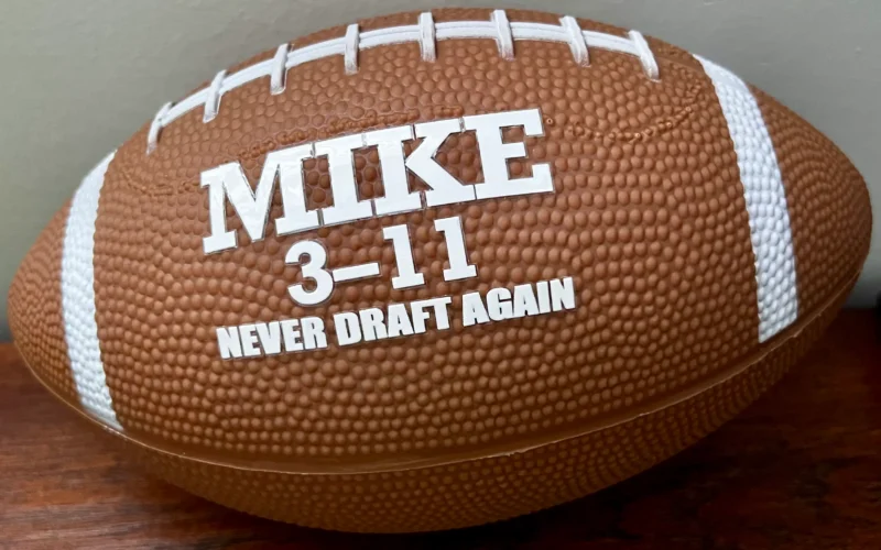 Personalized Fumble fantasy football with Mike, 3-11 record and Never Draft Again message