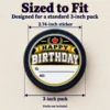 2.74 inch birthday sticker fitted to a standard 3 inch hockey puck