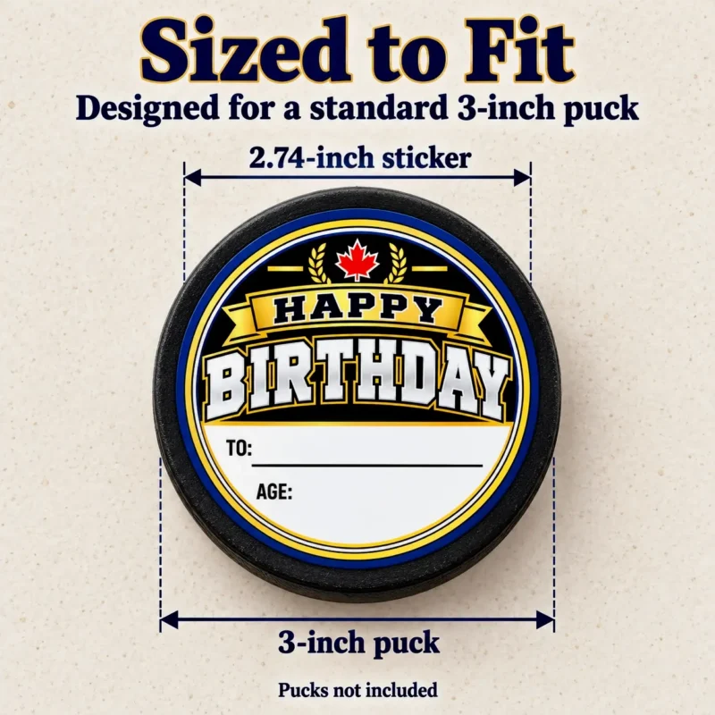2.74 inch birthday sticker fitted to a standard 3 inch hockey puck