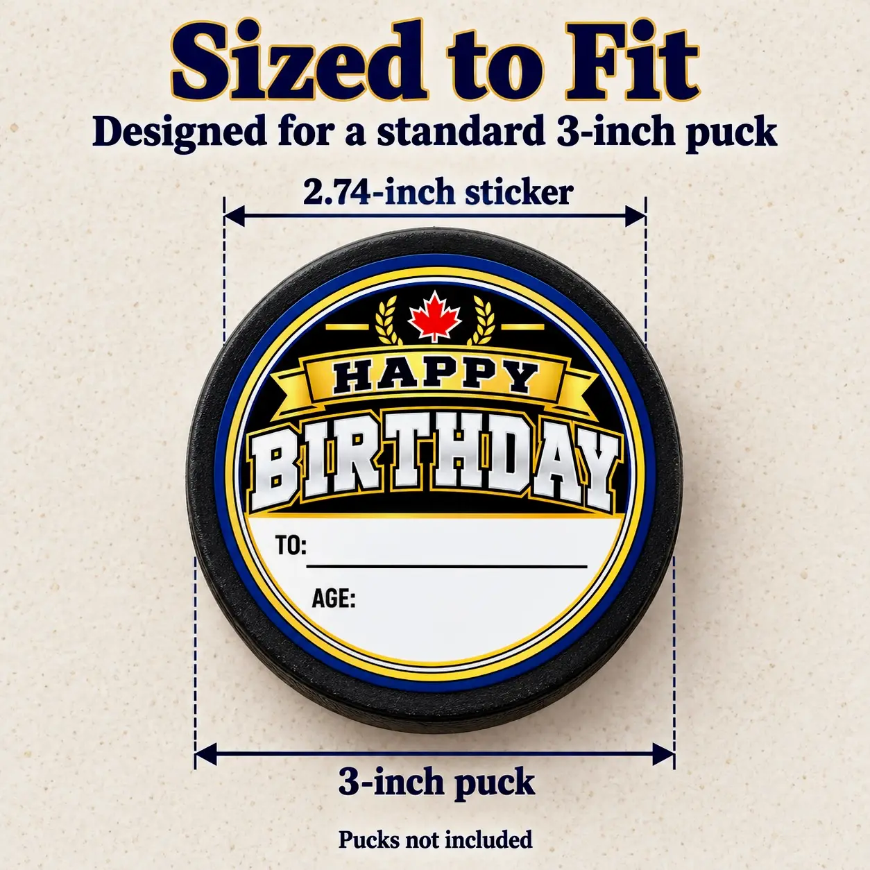 Size illustration showing a 2.74-inch birthday sticker on a standard 3-inch hockey puck
