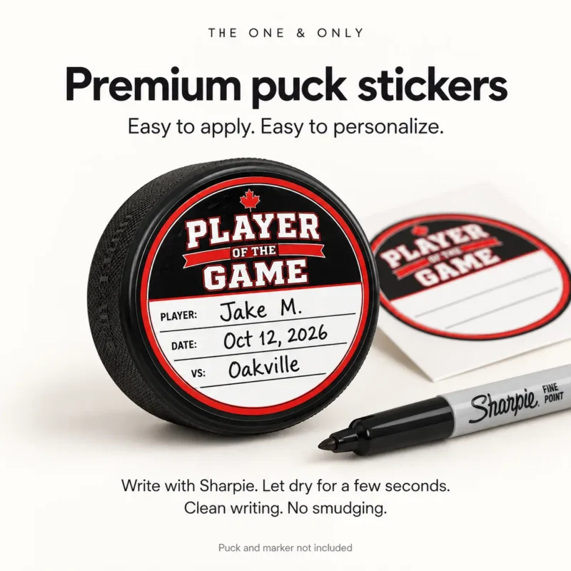 Player of the Game puck sticker with handwritten Player, Date and VS details beside a Sharpie. Easy to apply, with no smudging after a few seconds of drying.