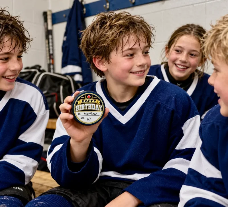 Young hockey player holding a personalized Happy Birthday hockey puck