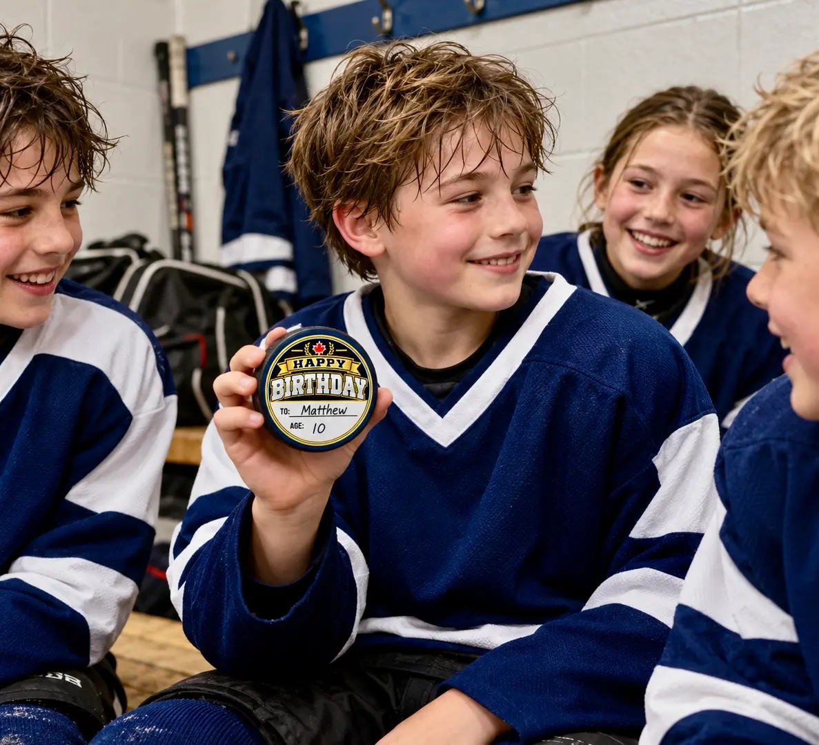 Illustrative locker-room scene of a birthday hockey player holding a personalized puck with teammates nearby