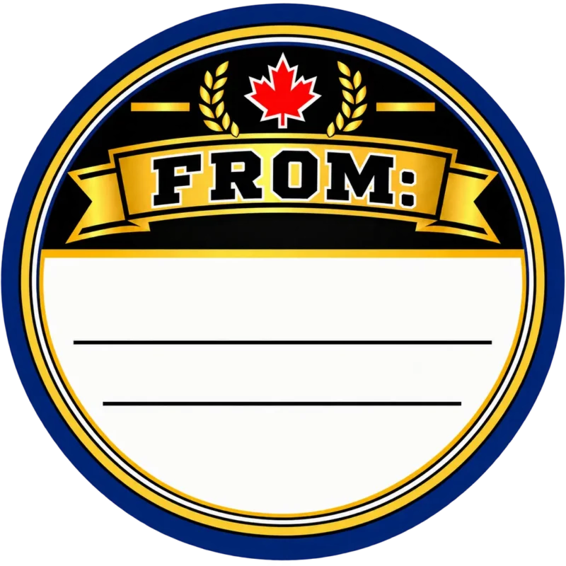 Hockey puck birthday sticker back with From section and writing lines
