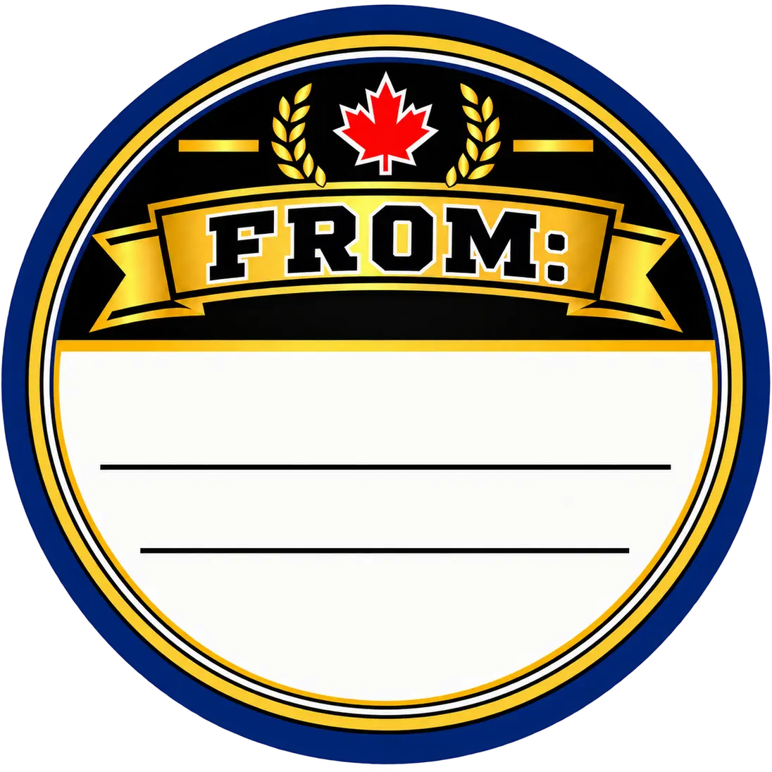 Blank FROM birthday puck sticker with two open writing lines for a team, family member or friend