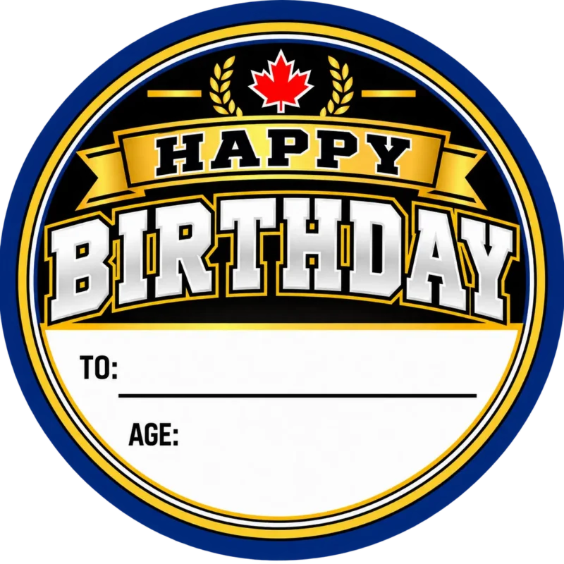 Happy Birthday hockey puck sticker with space for player name and age
