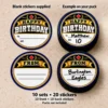 Blank birthday hockey puck stickers beside personalized examples on hockey pucks