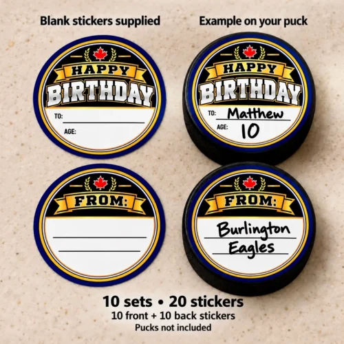 Blank birthday hockey puck stickers beside personalized examples on hockey pucks