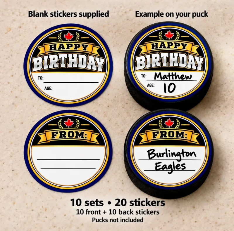 Blank birthday hockey puck stickers beside personalized examples on hockey pucks