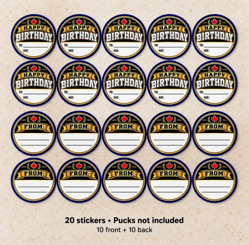 Twenty birthday hockey puck stickers including 10 front and 10 back designs