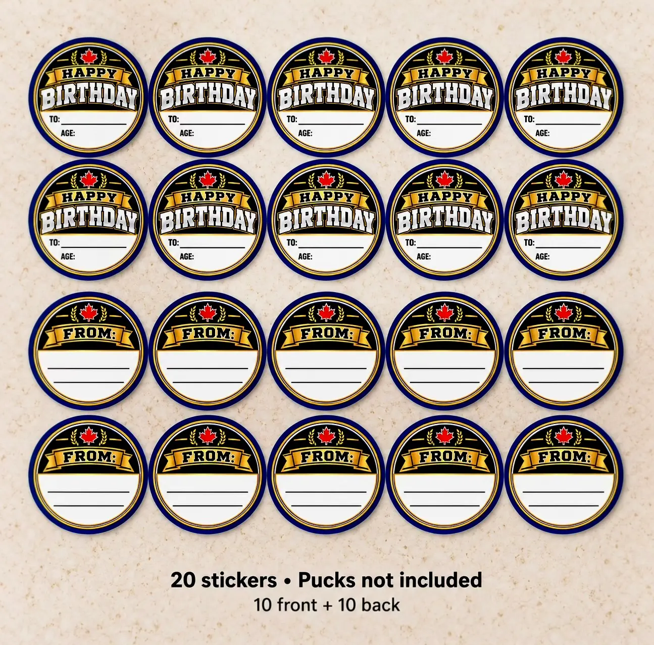 Twenty blank birthday stickers including ten Happy Birthday fronts and ten FROM backs