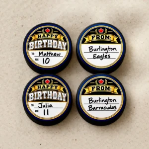 Happy Birthday hockey puck stickers personalized with player names, ages and team names