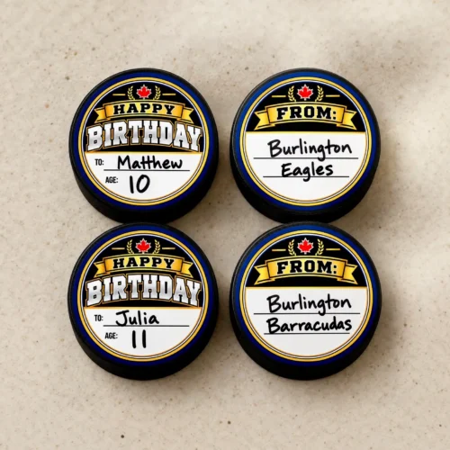 Birthday Hockey Puck Stickers Happy Birthday hockey puck stickers personalized with player names, ages and team names