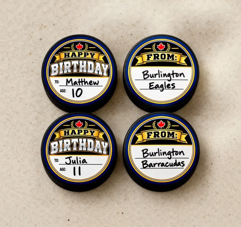 Happy Birthday hockey puck stickers personalized with player names, ages and team names