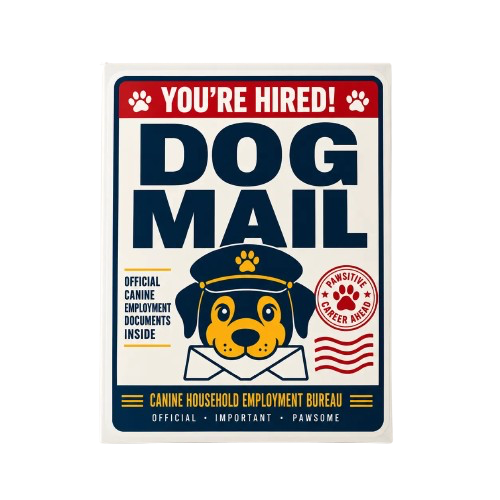 Dog Mail gift box with “You’re Hired!” lettering and a cartoon dog in a postal cap, in navy, red and gold.