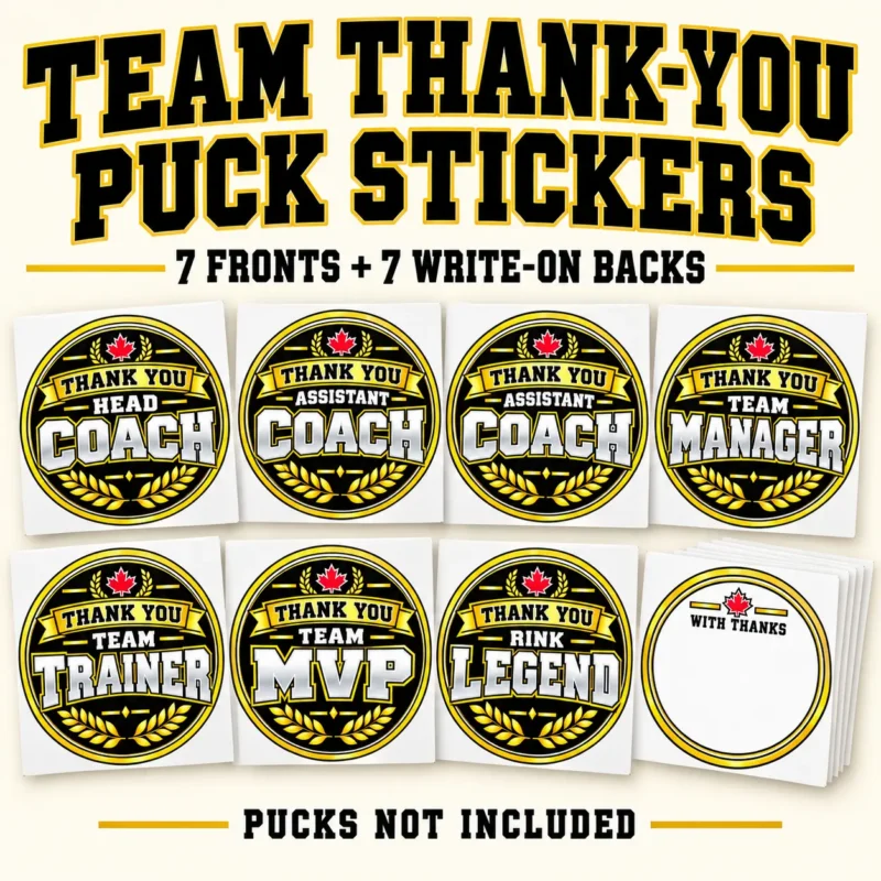 Team Thank-You Hockey Puck Sticker Kit - 7 Pairs Team Thank You Hockey Puck Sticker Kit showing seven black and gold hockey award stickers and seven matching blank write-on back stickers.