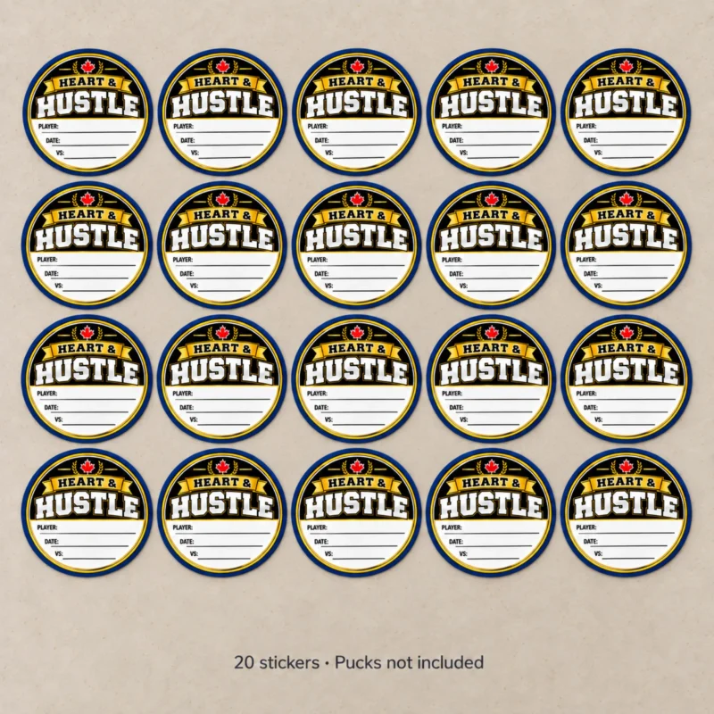 Heart & Hustle Hockey Puck Stickers - 20 Pack Twenty blank Heart & Hustle hockey puck stickers arranged in four rows of five. Pucks not included.