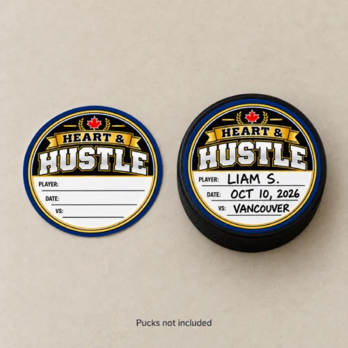 Blank Heart & Hustle sticker beside a completed sticker on a hockey puck, showing handwritten award details. Pucks not included.