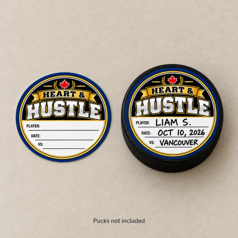 Heart & Hustle Puck Sticker - Blank and Completed Blank Heart & Hustle sticker beside a completed sticker on a hockey puck, showing handwritten award details. Pucks not included.