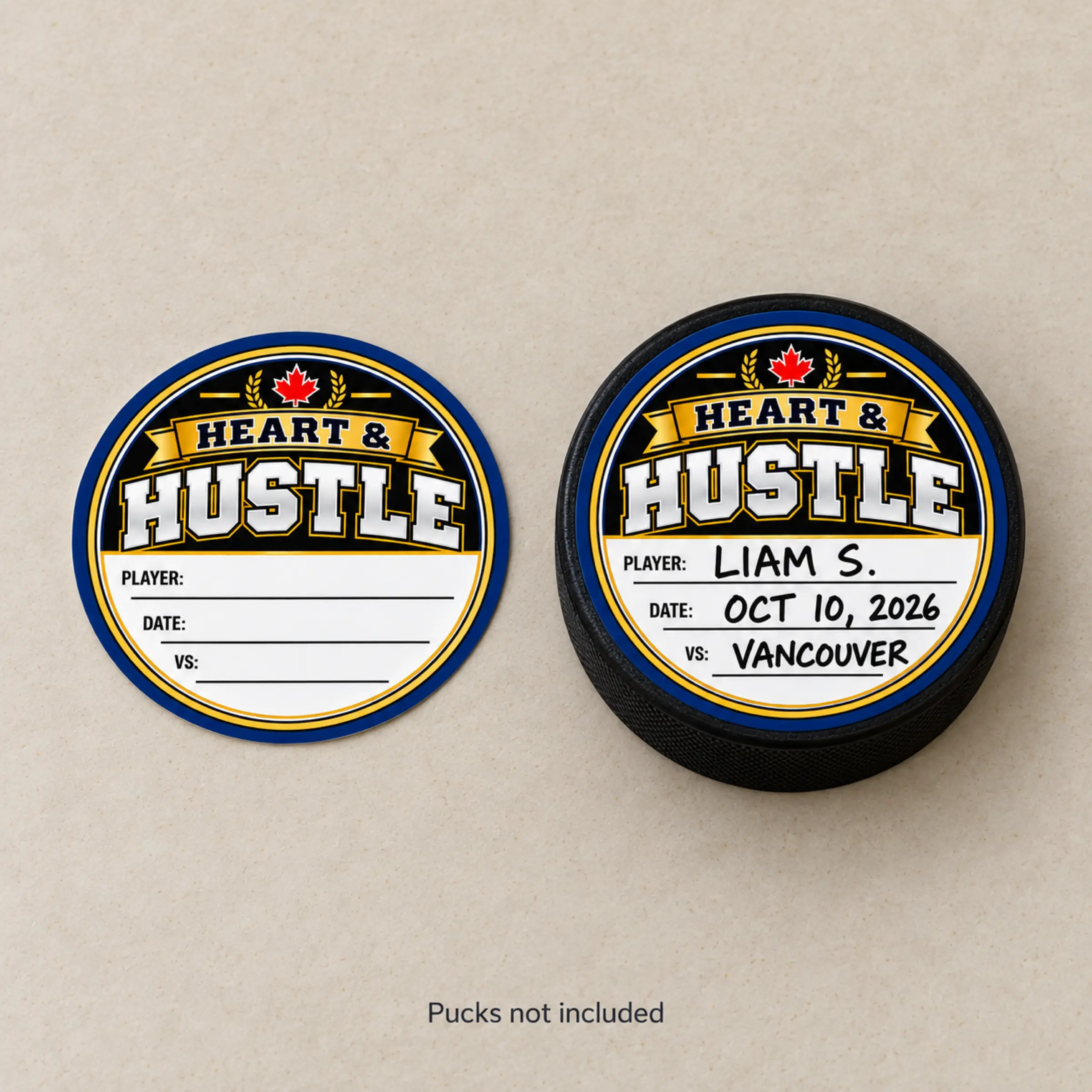 Blank and completed Heart and Hustle puck topper on a standard hockey puck