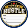 Heart & Hustle Hockey Puck Sticker - Design Detail Navy, gold and white Heart & Hustle hockey puck sticker with a red maple leaf and blank player, date and opponent fields.