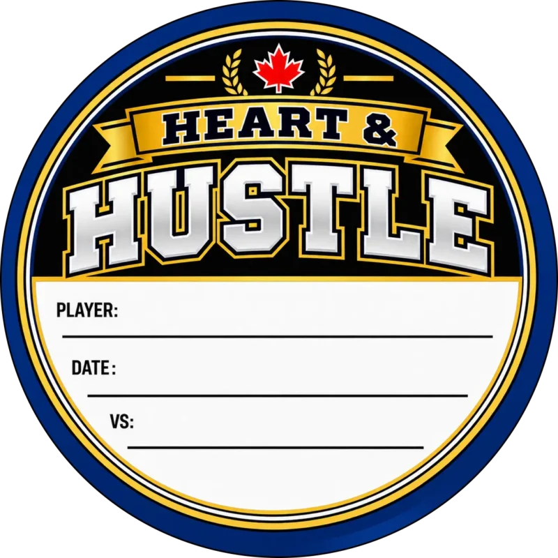 Heart & Hustle Hockey Puck Sticker - Design Detail Navy, gold and white Heart & Hustle hockey puck sticker with a red maple leaf and blank player, date and opponent fields.