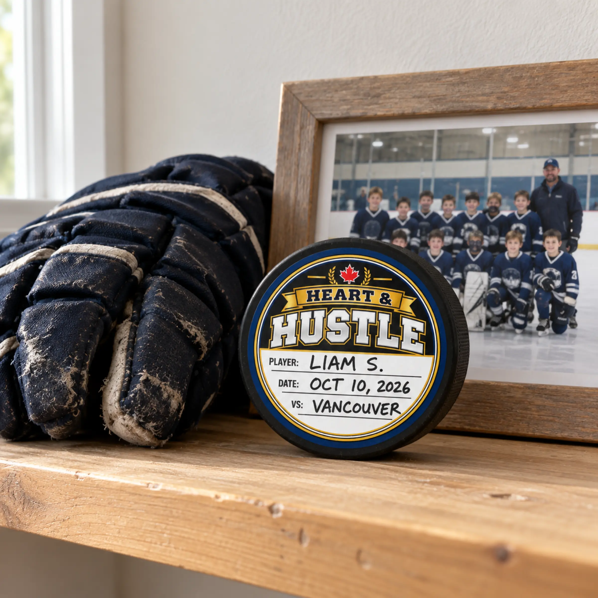 Heart and Hustle hockey puck award displayed as a keepsake