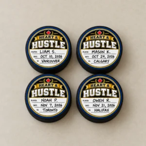 Four hockey pucks with navy and gold Heart & Hustle stickers filled in with player names, dates and opponents.
